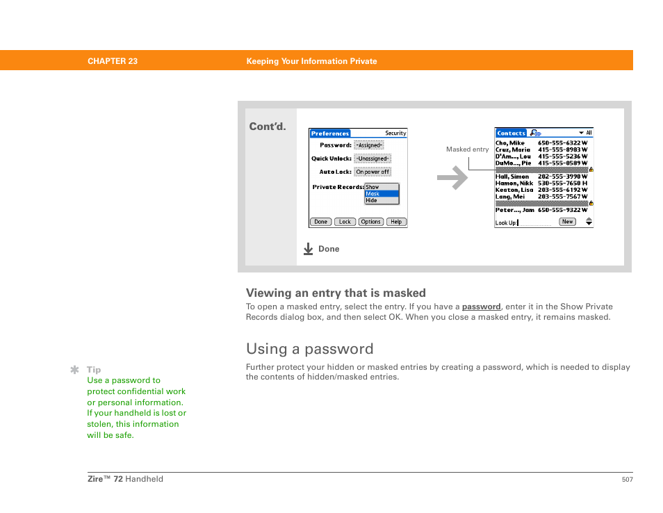 Viewing an entry that is masked, Using a password | Palm Zire 72 User Manual | Page 529 / 706