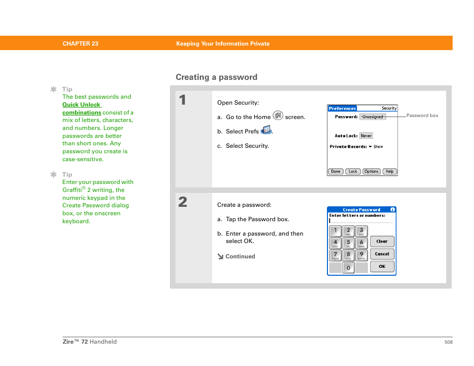 Creating a password, Ting a password | Palm Zire 72 User Manual | Page 530 / 706