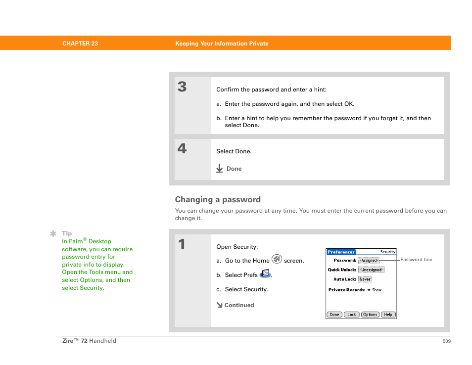 Changing a password | Palm Zire 72 User Manual | Page 531 / 706