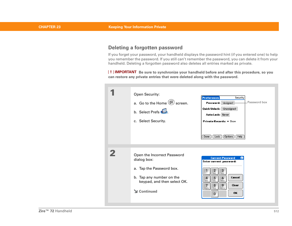 Deleting a forgotten password | Palm Zire 72 User Manual | Page 534 / 706