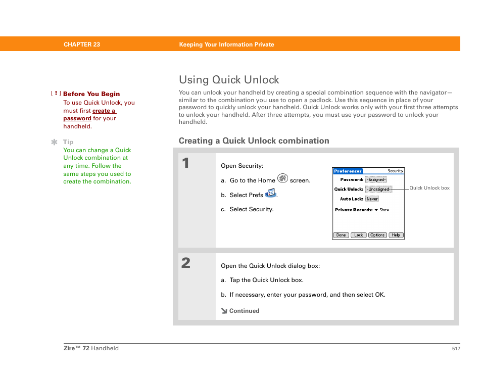 Using quick unlock, Creating a quick unlock combination | Palm Zire 72 User Manual | Page 539 / 706