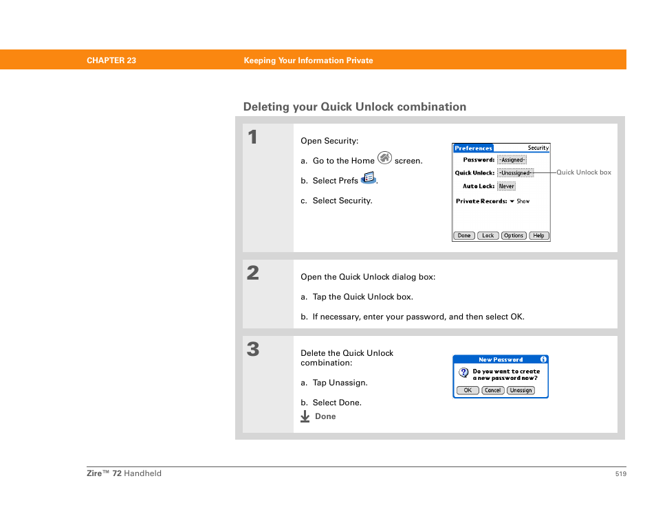 Deleting your quick unlock combination | Palm Zire 72 User Manual | Page 541 / 706