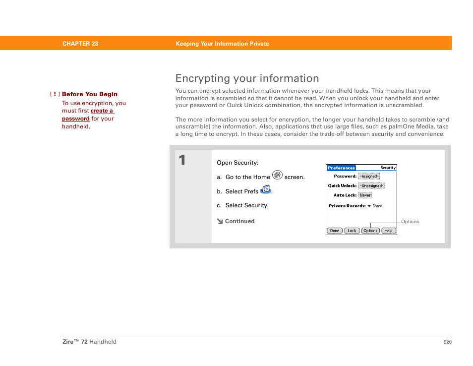 Encrypting your information, Encrypting entries | Palm Zire 72 User Manual | Page 542 / 706