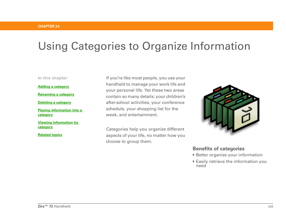 Using categories to organize information, Categories, N organize your tasks | Category to | Palm Zire 72 User Manual | Page 548 / 706
