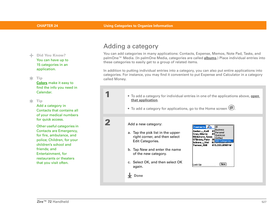 Adding a category | Palm Zire 72 User Manual | Page 549 / 706