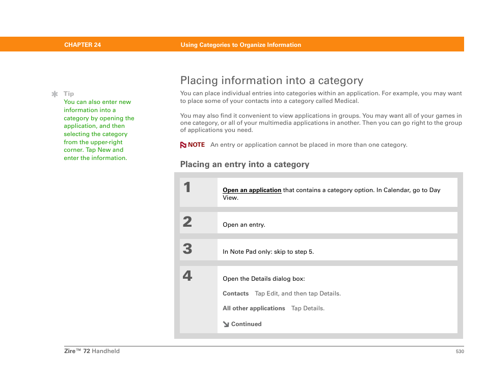 Placing information into a category, Placing an entry into a category | Palm Zire 72 User Manual | Page 552 / 706