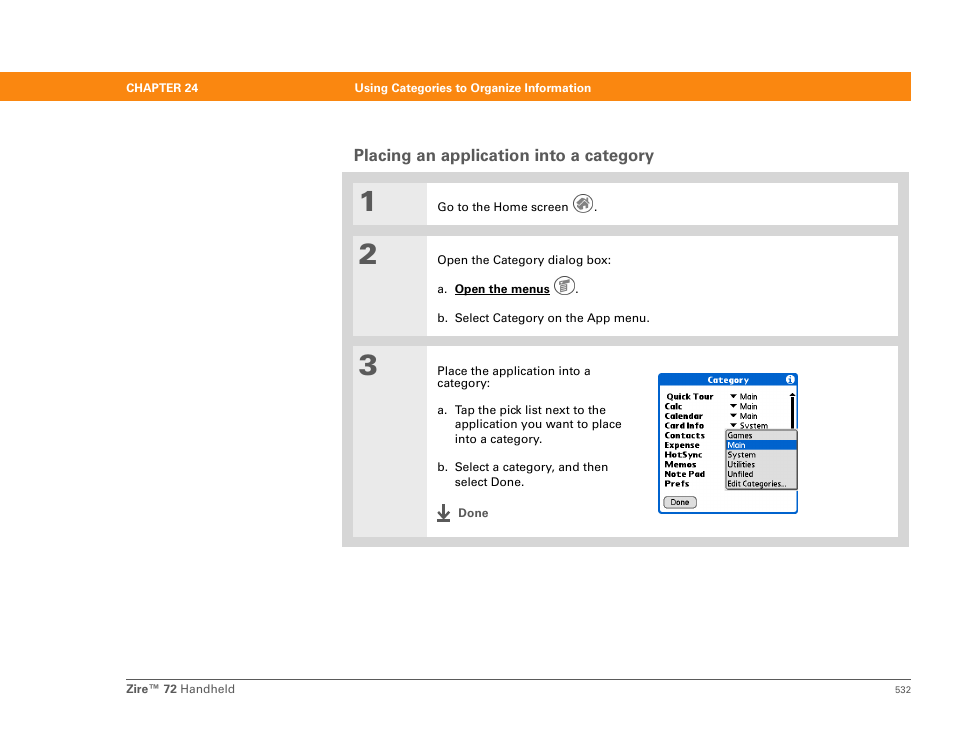 Placing an application into a category | Palm Zire 72 User Manual | Page 554 / 706