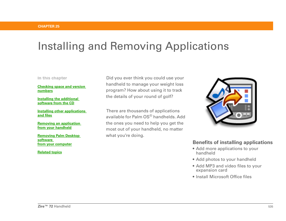 Installing and removing applications, Chapter 25: installing and removing applications, Installing and removing | Palm Zire 72 User Manual | Page 557 / 706