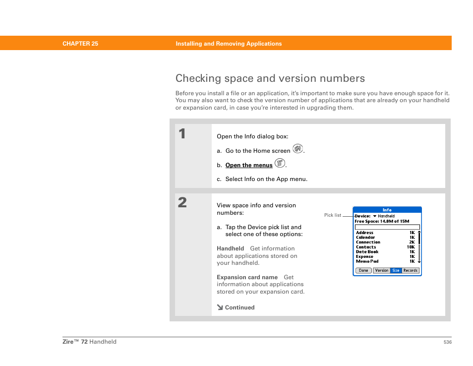 Checking space and version numbers | Palm Zire 72 User Manual | Page 558 / 706