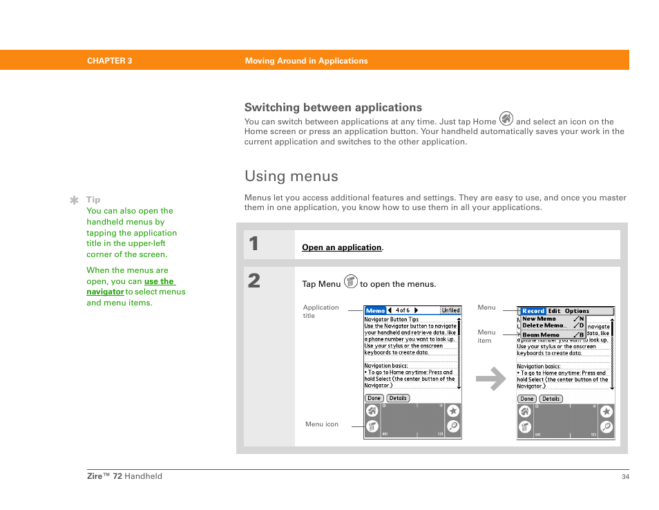 Switching between applications, Using menus | Palm Zire 72 User Manual | Page 56 / 706
