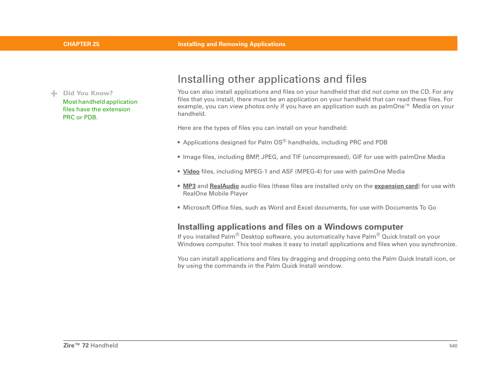 Installing other applications and files, D install add-on applications f | Palm Zire 72 User Manual | Page 562 / 706