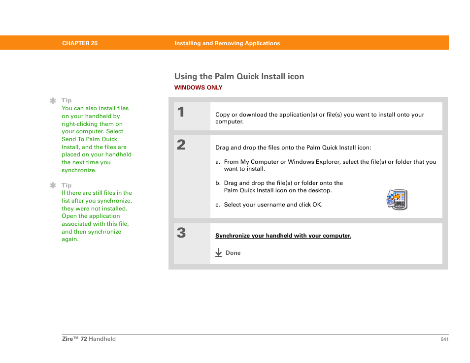 Using the palm quick install icon | Palm Zire 72 User Manual | Page 563 / 706
