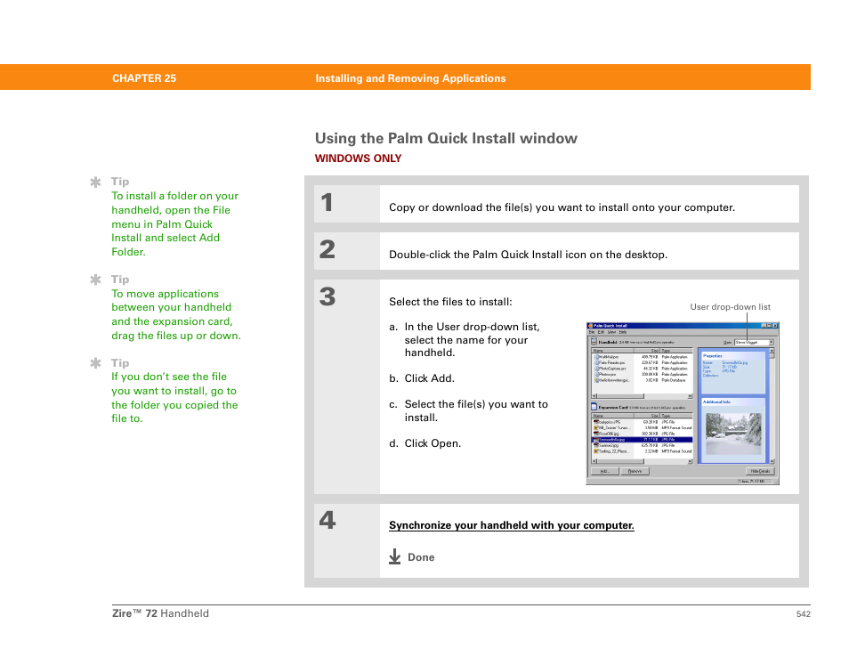Using the palm quick install window | Palm Zire 72 User Manual | Page 564 / 706