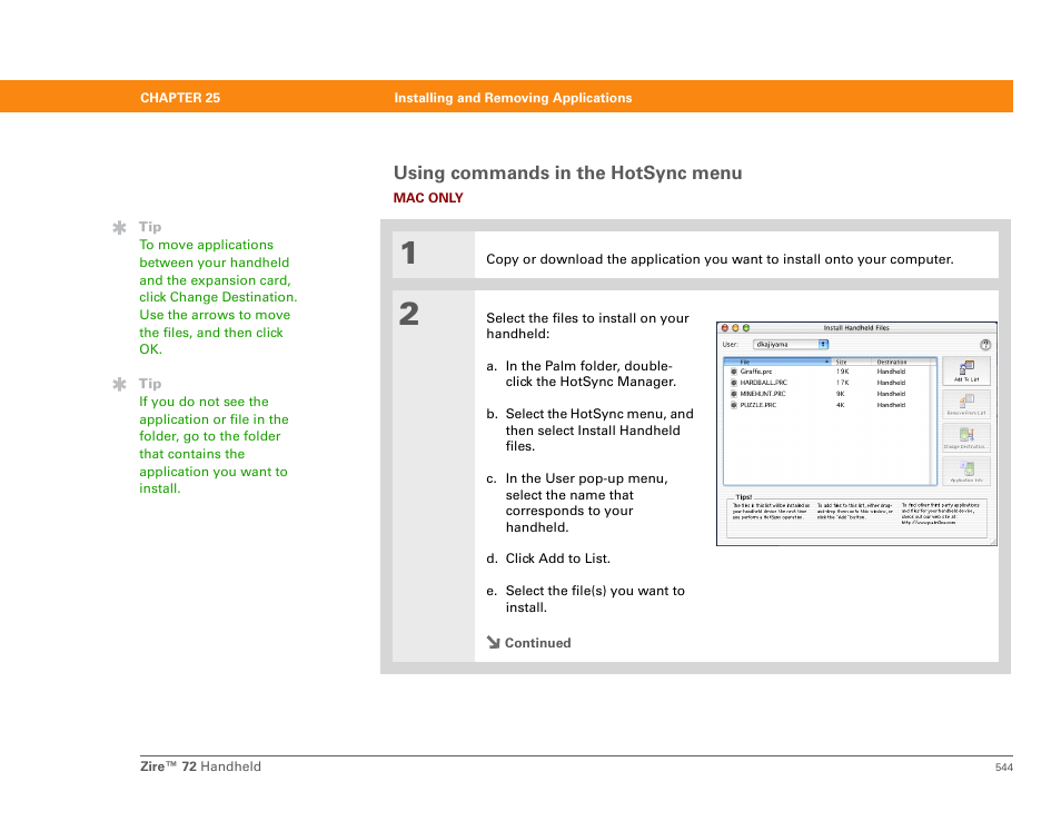 Using commands in the hotsync menu | Palm Zire 72 User Manual | Page 566 / 706