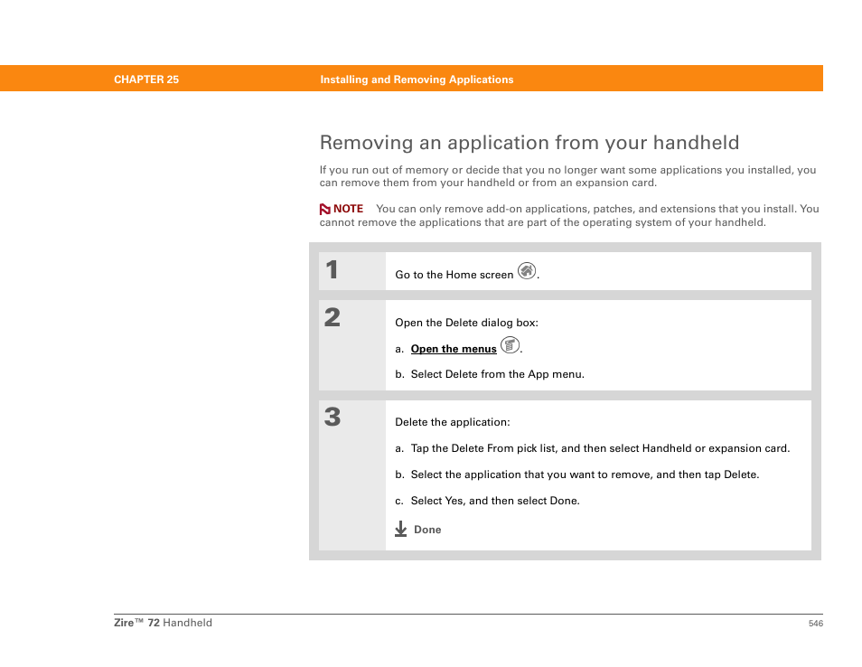 Removing an application from your handheld | Palm Zire 72 User Manual | Page 568 / 706