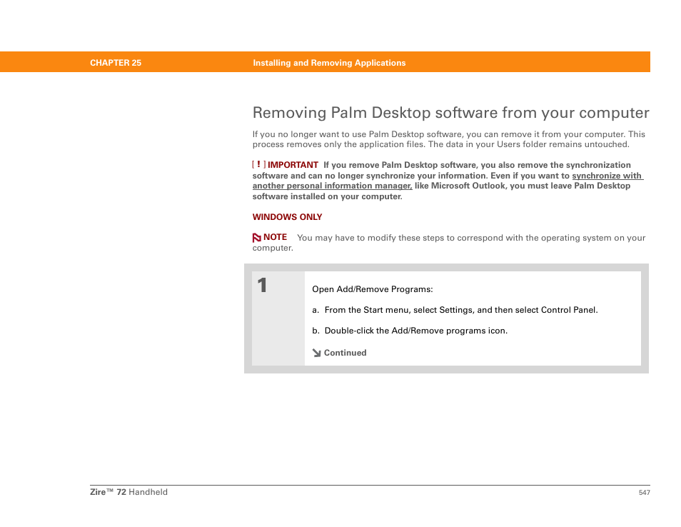 Removing palm desktop software from your computer | Palm Zire 72 User Manual | Page 569 / 706