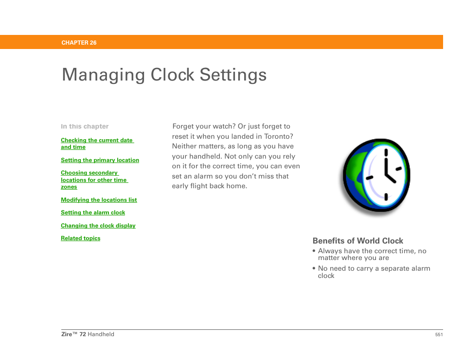 Managing clock settings, Chapter 26: managing clock settings, Nd managing clock settings | World clock | Palm Zire 72 User Manual | Page 573 / 706