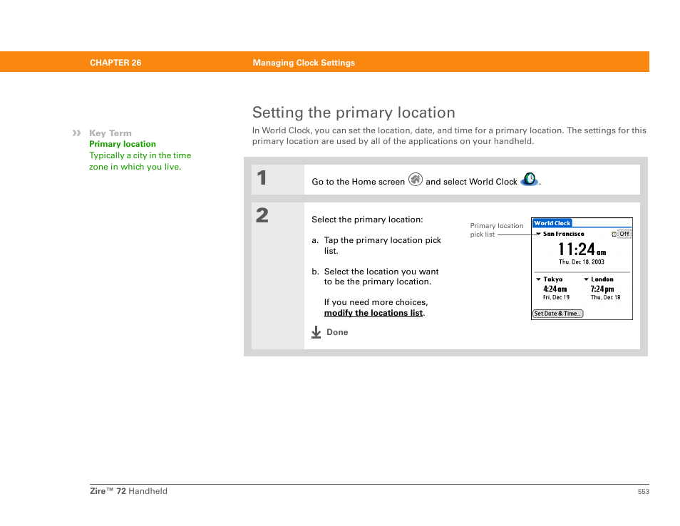 Setting the primary location | Palm Zire 72 User Manual | Page 575 / 706