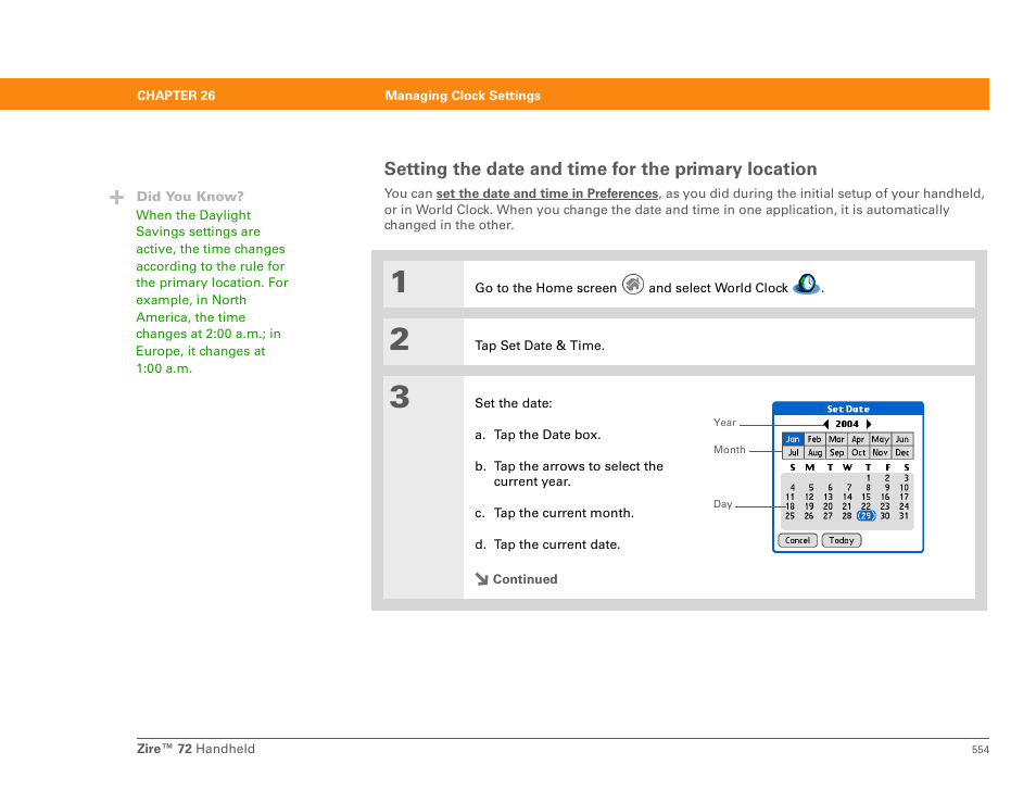 Setting the date and time for the primary location | Palm Zire 72 User Manual | Page 576 / 706