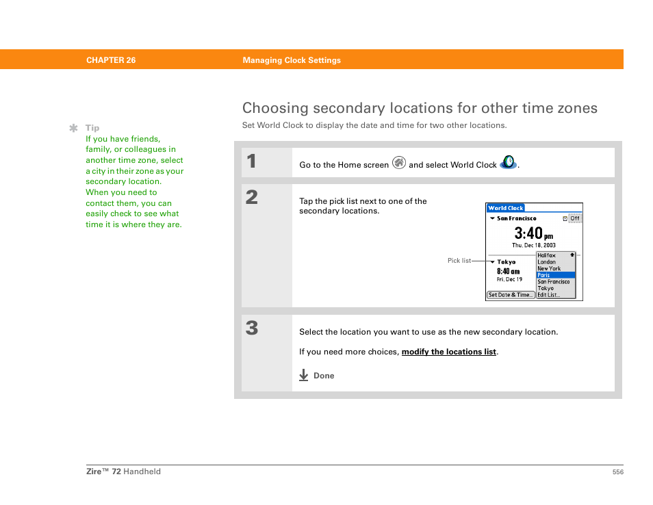 Choosing secondary locations for other time zones | Palm Zire 72 User Manual | Page 578 / 706