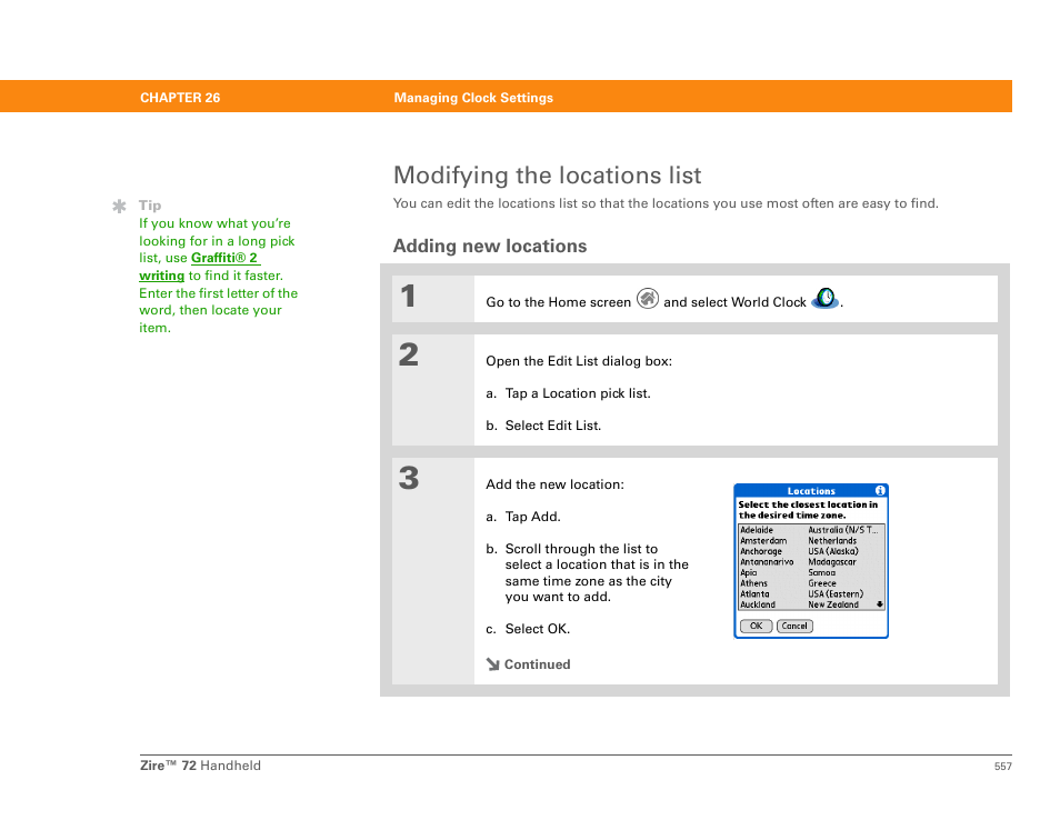 Modifying the locations list, Adding new locations | Palm Zire 72 User Manual | Page 579 / 706