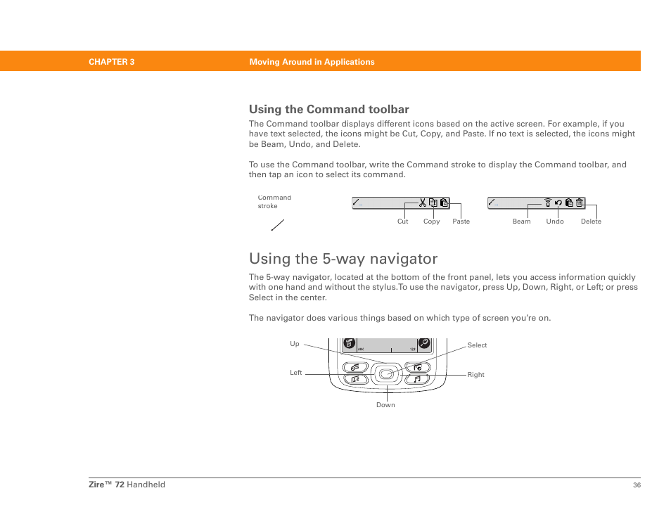 Using the 5-way navigator, Use the navigator, Using the command toolbar | Palm Zire 72 User Manual | Page 58 / 706