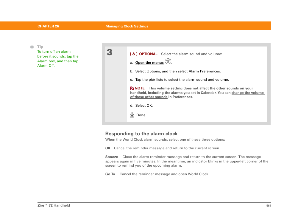 Responding to the alarm clock | Palm Zire 72 User Manual | Page 583 / 706