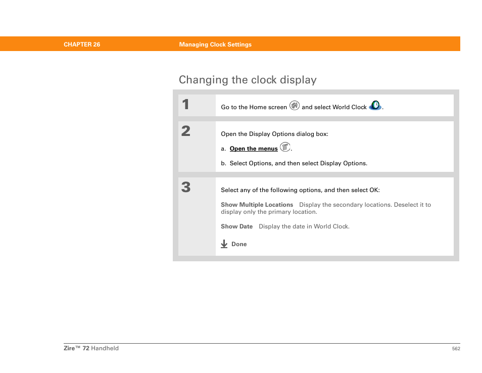 Changing the clock display | Palm Zire 72 User Manual | Page 584 / 706