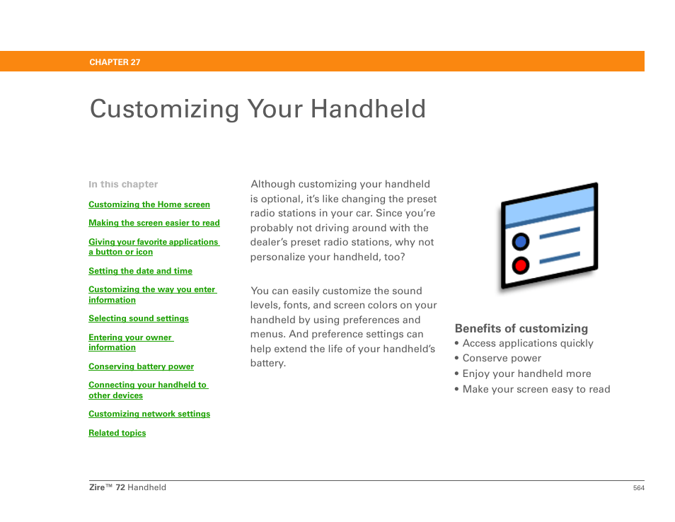 Customizing your handheld, Chapter 27: customizing your handheld, Customizing | Palm Zire 72 User Manual | Page 586 / 706