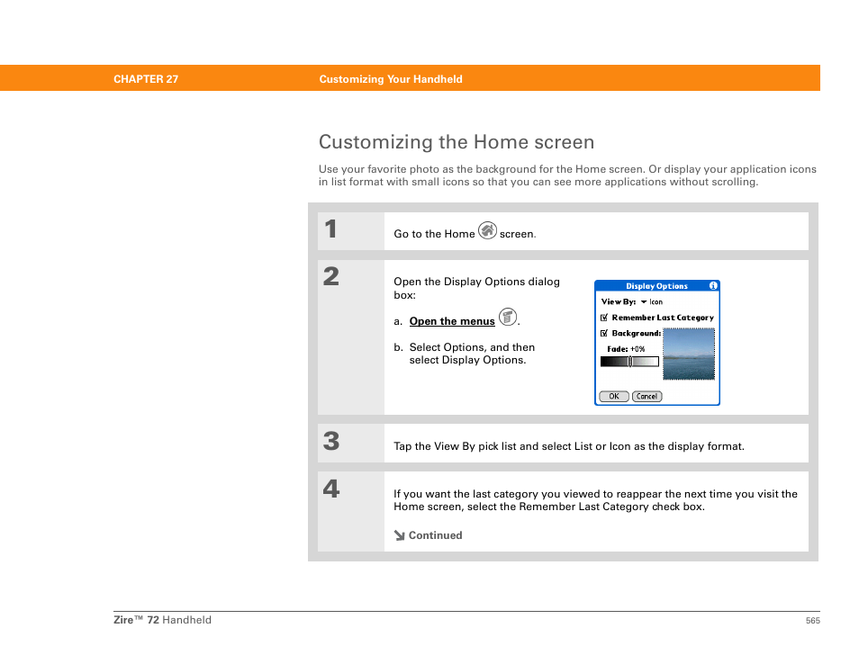 Customizing the home screen, Your handheld; select a, Photo as the background for your | Palm Zire 72 User Manual | Page 587 / 706