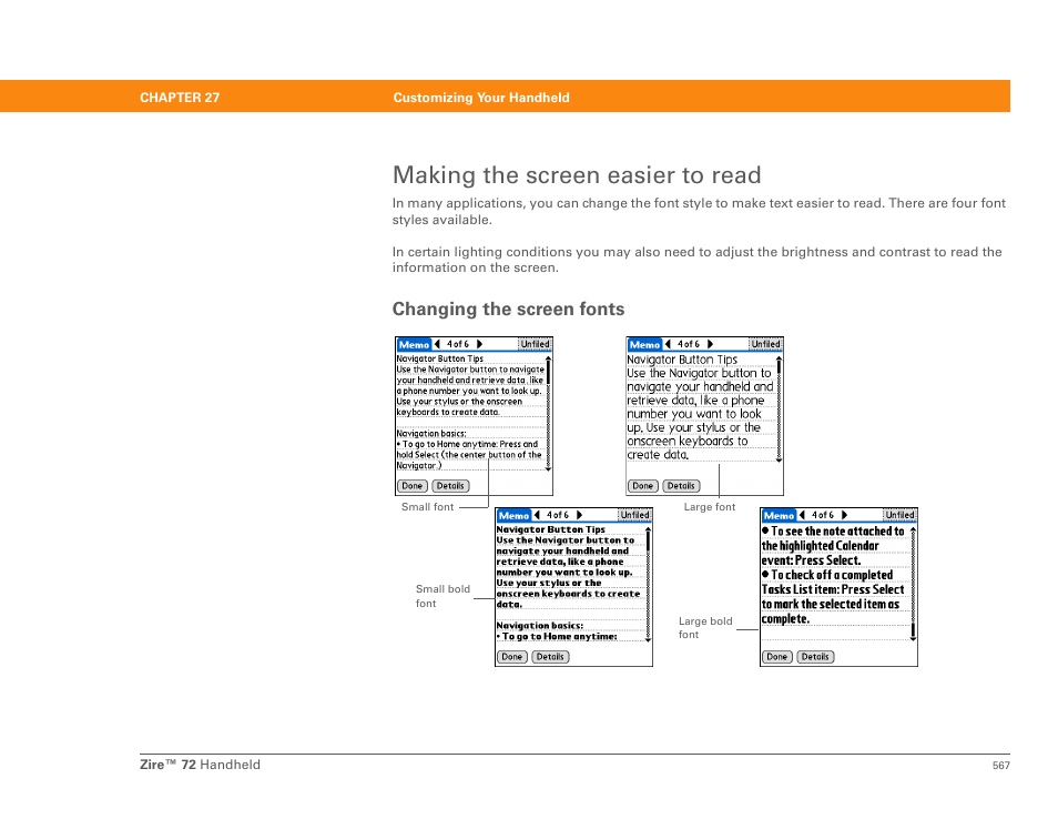 Making the screen easier to read, Changing the screen fonts | Palm Zire 72 User Manual | Page 589 / 706