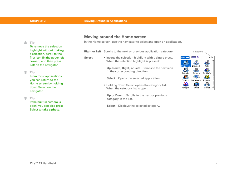 Moving around the home screen | Palm Zire 72 User Manual | Page 59 / 706