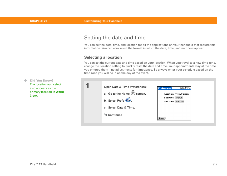 Setting the date and time, Selecting a location, Setting the date and time a | Palm Zire 72 User Manual | Page 595 / 706