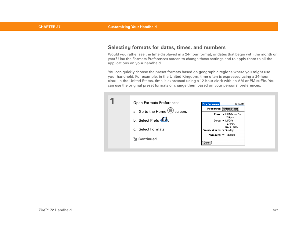 Selecting formats for dates, times, and numbers | Palm Zire 72 User Manual | Page 599 / 706