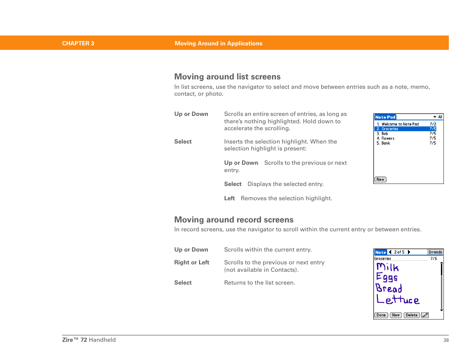 Moving around list screens, Moving around record screens | Palm Zire 72 User Manual | Page 60 / 706