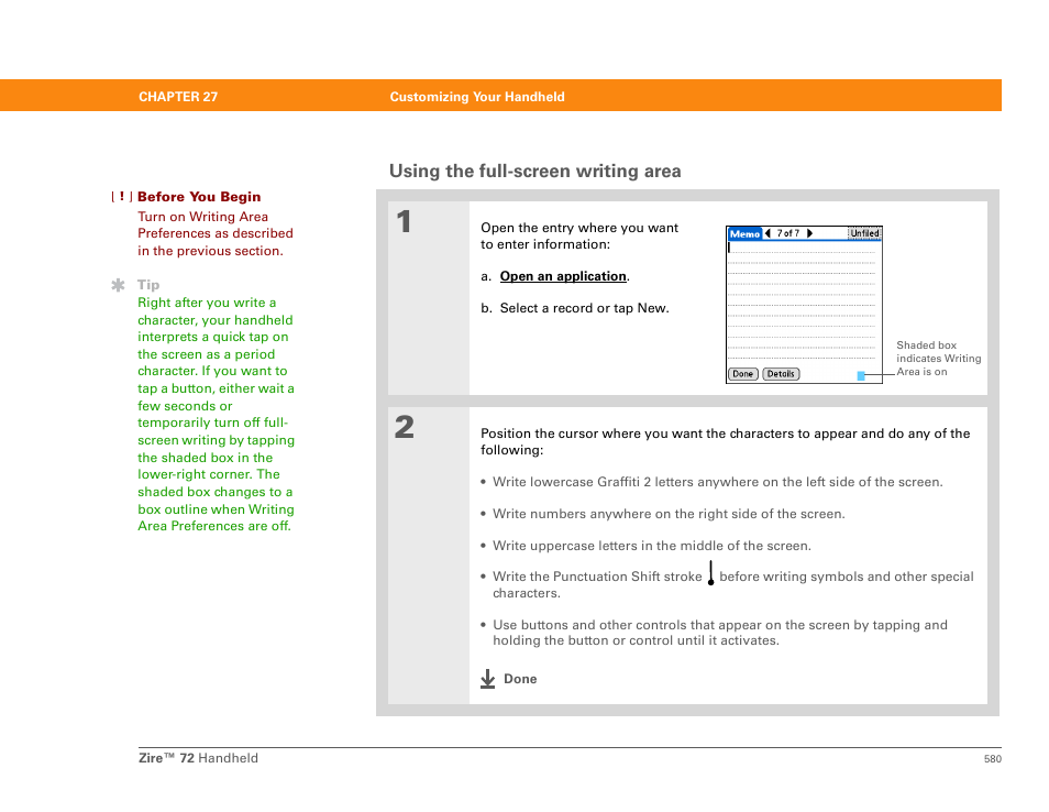 Using the full-screen writing area, Full-screen writing is turned off | Palm Zire 72 User Manual | Page 602 / 706