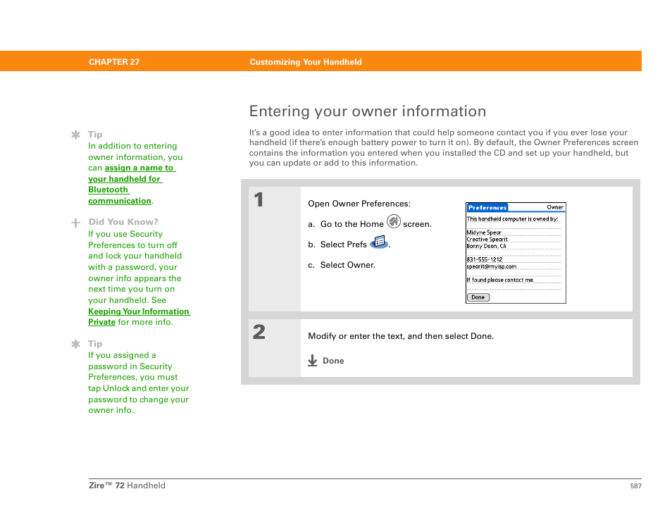 Entering your owner information | Palm Zire 72 User Manual | Page 609 / 706