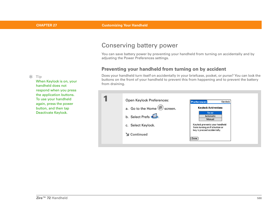 Conserving battery power, Keylock t | Palm Zire 72 User Manual | Page 610 / 706