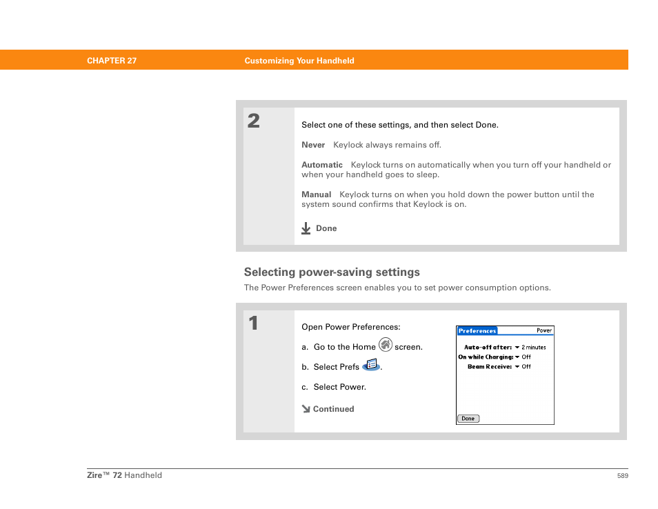 Selecting power-saving settings, Reducing the auto-off setting | Palm Zire 72 User Manual | Page 611 / 706