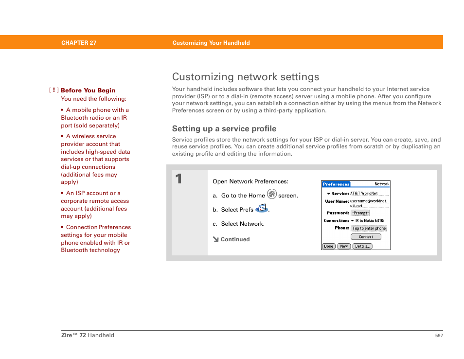 Customizing network settings, Setting up a service profile | Palm Zire 72 User Manual | Page 619 / 706