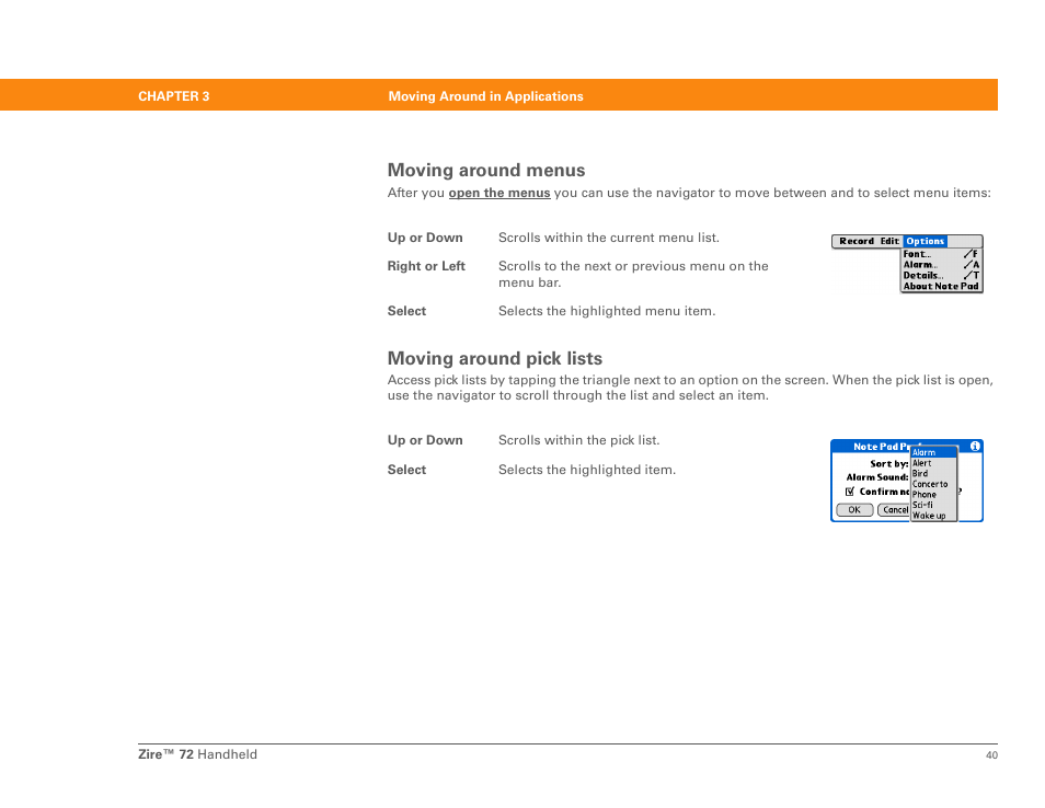 Moving around pick lists, Moving around menus | Palm Zire 72 User Manual | Page 62 / 706