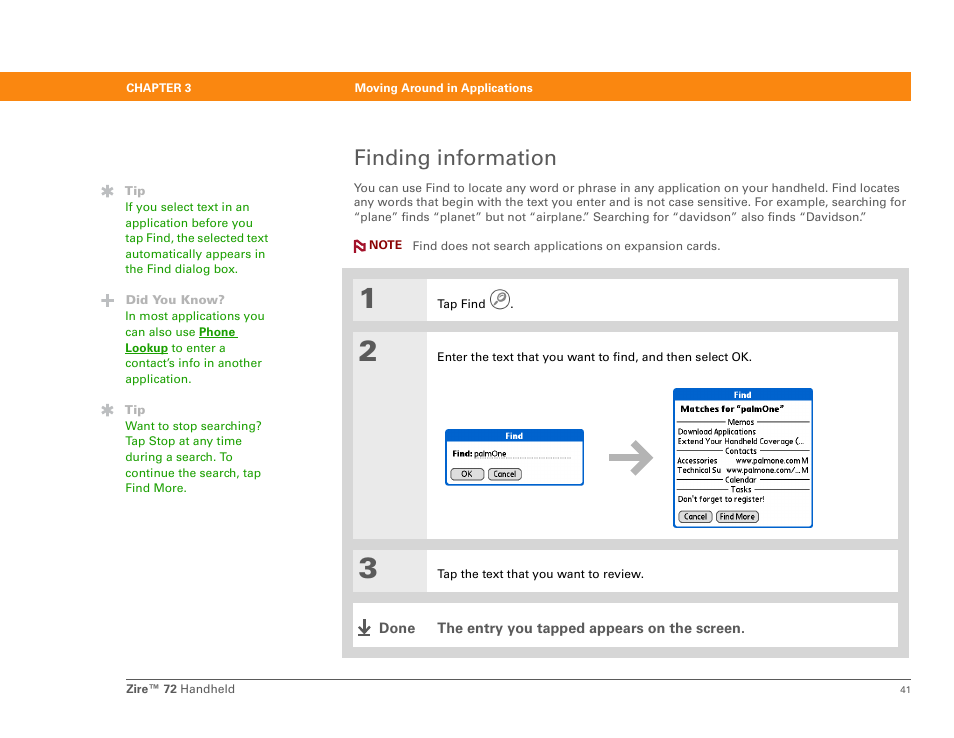 Finding information | Palm Zire 72 User Manual | Page 63 / 706