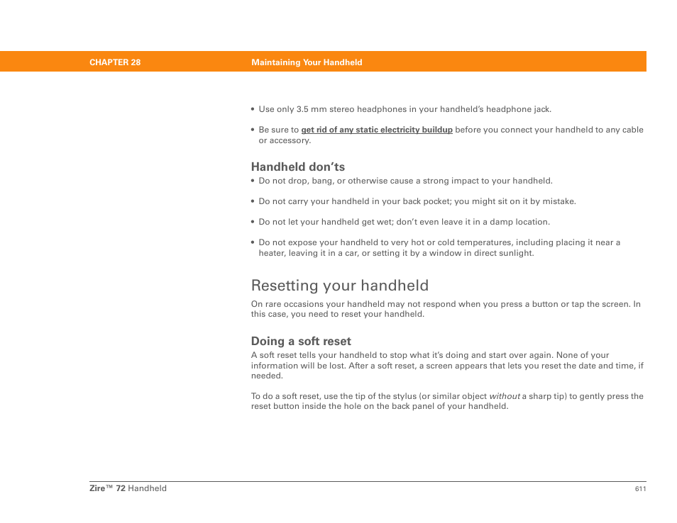 Handheld don’ts, Resetting your handheld, Doing a soft reset | Palm Zire 72 User Manual | Page 633 / 706
