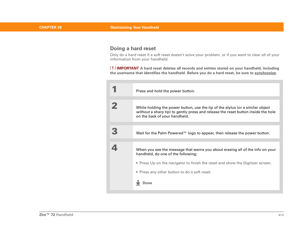 Doing a hard reset, Hard reset, Intaining | Palm Zire 72 User Manual | Page 635 / 706