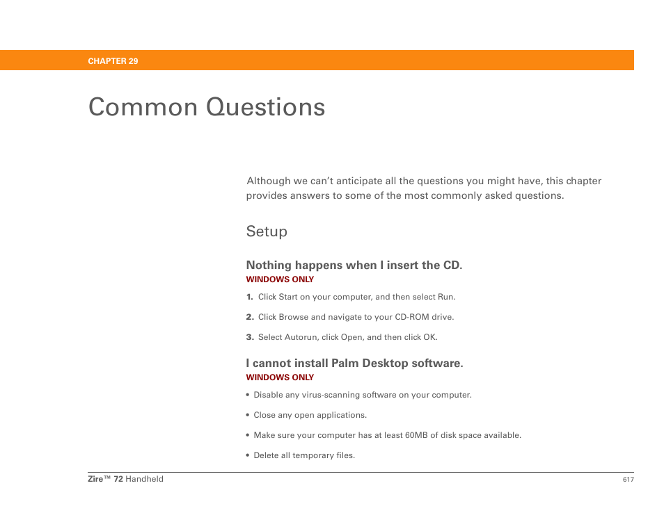 Common questions, Setup, Chapter 29: common questions | Palm Zire 72 User Manual | Page 639 / 706