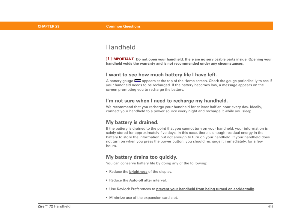 Handheld, I want to see how much battery life i have left, I’m not sure when i need to recharge my handheld | My battery is drained, My battery drains too quickly | Palm Zire 72 User Manual | Page 641 / 706