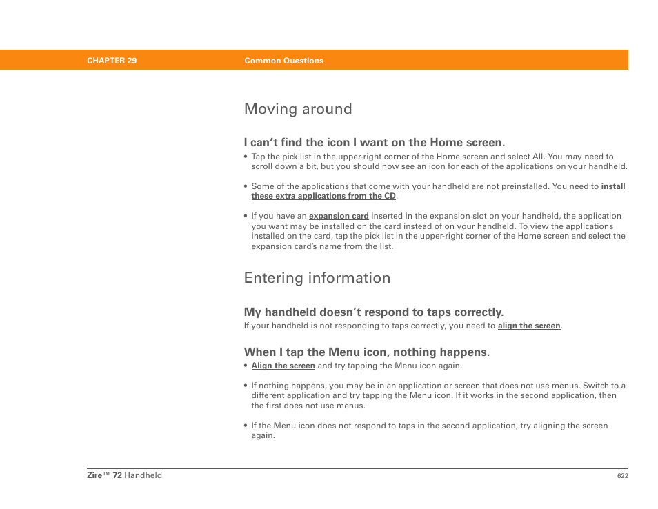Moving around, Entering information, Moving around entering information | Palm Zire 72 User Manual | Page 644 / 706