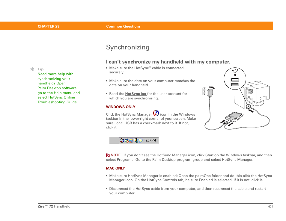 Synchronizing, I can’t synchronize my handheld with my computer | Palm Zire 72 User Manual | Page 646 / 706