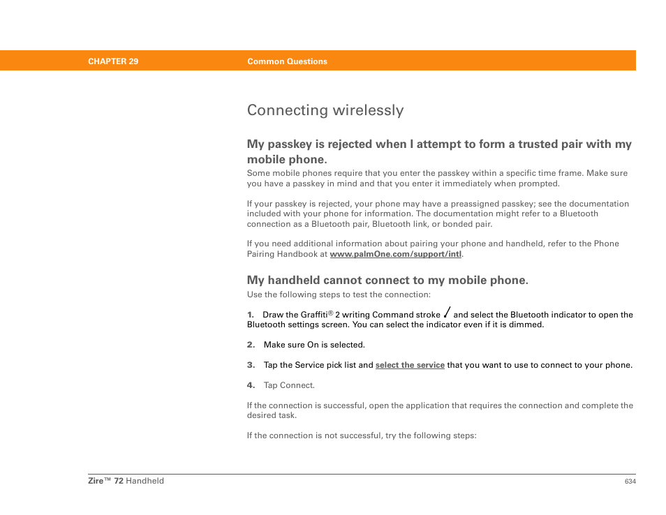 Connecting wirelessly, My handheld cannot connect to my mobile phone | Palm Zire 72 User Manual | Page 656 / 706