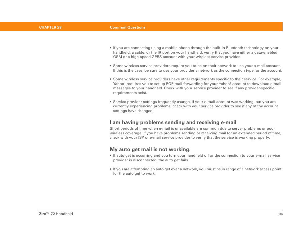I am having problems sending and receiving e-mail, My auto get mail is not working | Palm Zire 72 User Manual | Page 658 / 706